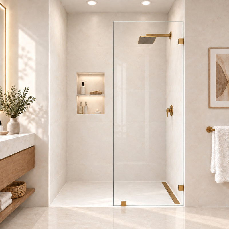 Nirvana 35" W x 76" H Shower Glass Panel Fully Frameless Single Fixed Shower Screen 3/8" (10mm) Clear Tempered Glass in Brushed Bronze