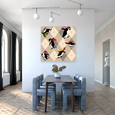 «Penguins Winter Fun» géométrique moderne ludique oiseau pingouin paysage d'hiver, reproduction d'art mural