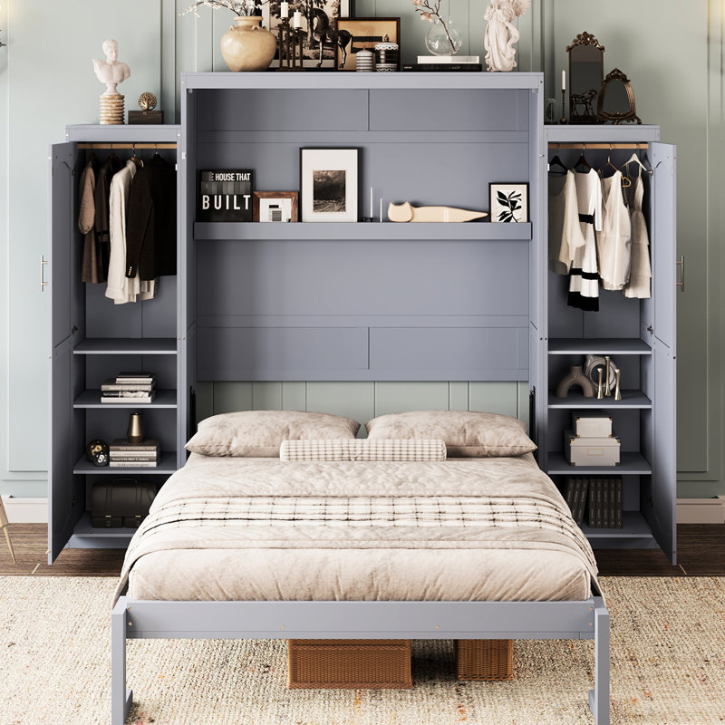Grand lit - Cadre de lit plateforme pliable gris multifonctionnel avec 2 rangements pour garde-robe, idéal pour la chambre à coucher et les invités, rangement en bois dans la tablette, disposition