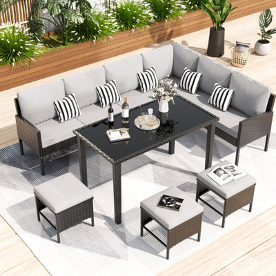 Contemporain 7 meubles de patio avec une conception ergonomique à haut dossier, des coussins imperméables, une structure résistante aux intempéries, un siège pour 10 personnes ou plus, une structure de siège