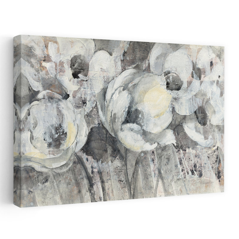 Floral fantaisie contemporaine noir, noir et blanc floral gris pivoine, H 24 po x l 16 po