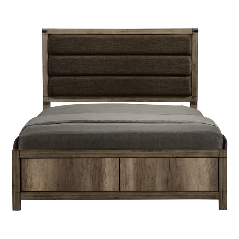 Lit tapissier contemporain de grande taille avec motif géométrique et canaux verticaux gris vieilli pour chambre à coucher