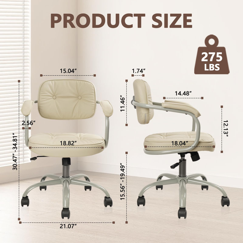 Leather Home Office Chair Comfortable Adaptive Backrest And Height Adjustable Swivel Desk Chair With Armrest Wheels Thickened Cushion Buttons Vanity Task Chairs, (Beige)