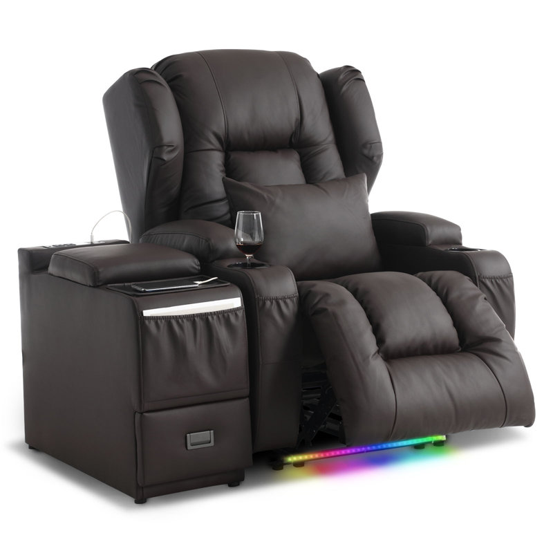 Aguilera Power Recliner Chair with Multi-Functional Console Set, LED Light, Cup Holders, Free Pillows, Brown Faux Leather