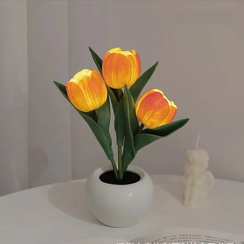 Lampe de tulipe à DEL, réplique de lampe de table à fleurs avec vase (usb-powe) - Pour la maison / le salon / le décor de bureau, appui long sur la luminosité réglable (effet respirant)