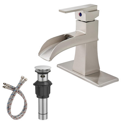 Robinet pour salle de bain à poignée simple et monocommande en nickel brossé avec drain