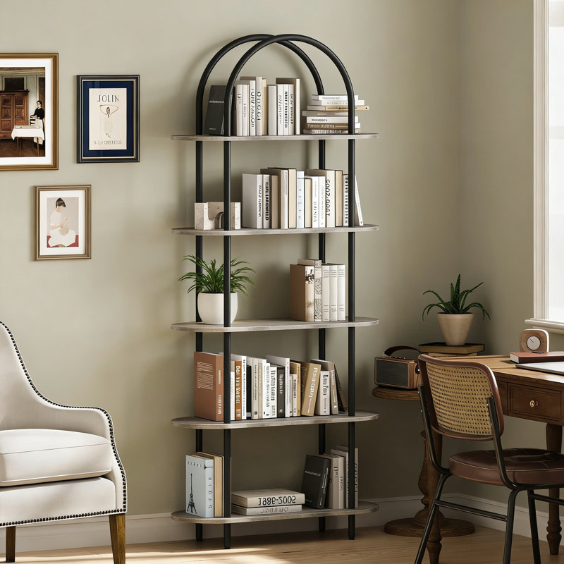 Bibliothèque à 5 niveaux avec structure en métal, bibliothèque ouverte autoportante et tablette de présentation pour le bureau à domicile, le salon et la chambre à coucher