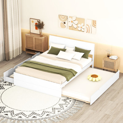 Full Size Bed Frame With Twin Trundle And 2 Drawers For Extra Storage In White Gloss Elegant High Space