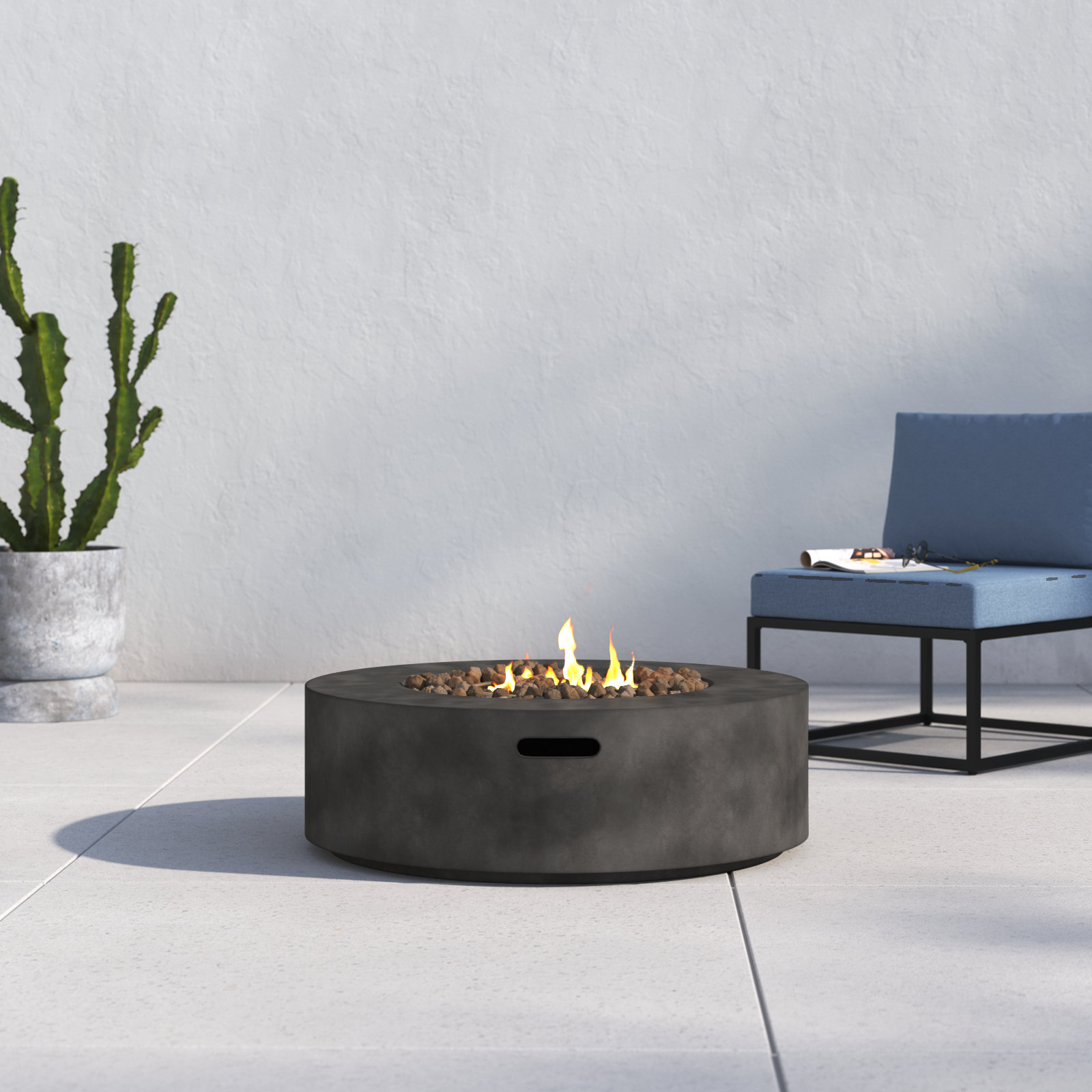 Rashid Round Concrete Outdoor Fire Table, 12" H x 36" W x 36" D, Charcoal