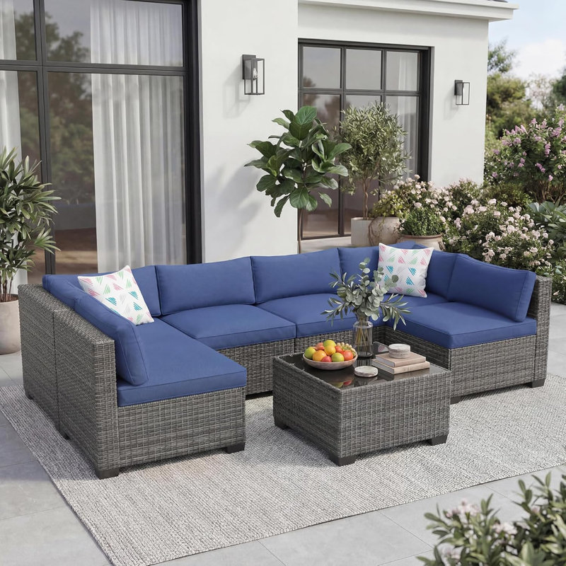7 Piece Patio Furniture Set, Outdoor Sectional Rattan Sofa Set with Coffee Table, Wicker Outdoor Conversation Set Sectional Sofa with Thick Cushions for Backyard, Poolside, Garden，Grey & Blue