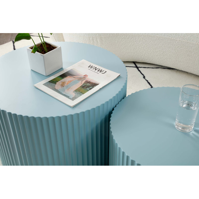 Ensemble de 2 tables gigognes, plateau rond fabriqué à la main avec relief