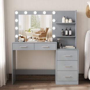 43.3W Makeup Vanity White Vanity Desk with Hidden Storage Shelves