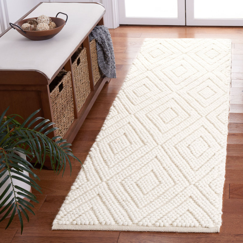 Tapis de couleur unie en laine tissé à la main en ivoire, Tapis de couloir 2 pi 3 po x 8 pi