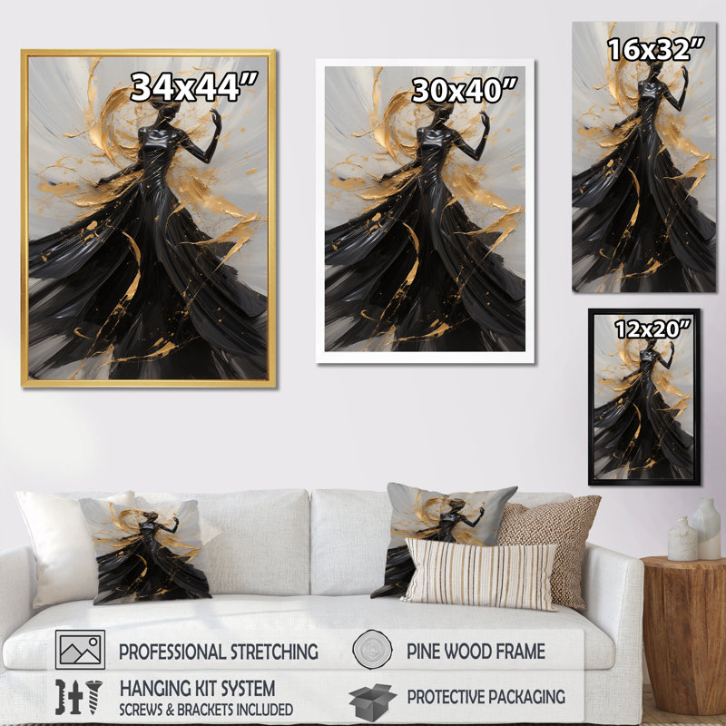 Or et noir Dance Splash III - art encadré de danse, Toile tendue, H 44 po x l 34 po x P 1,5 po