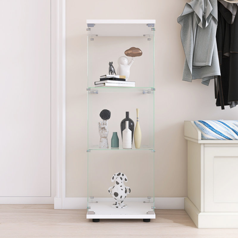 Vitrine à 3 tablettes en verre blanc avec une porte - plancher pour installation de bureau, chambre à coucher et salon