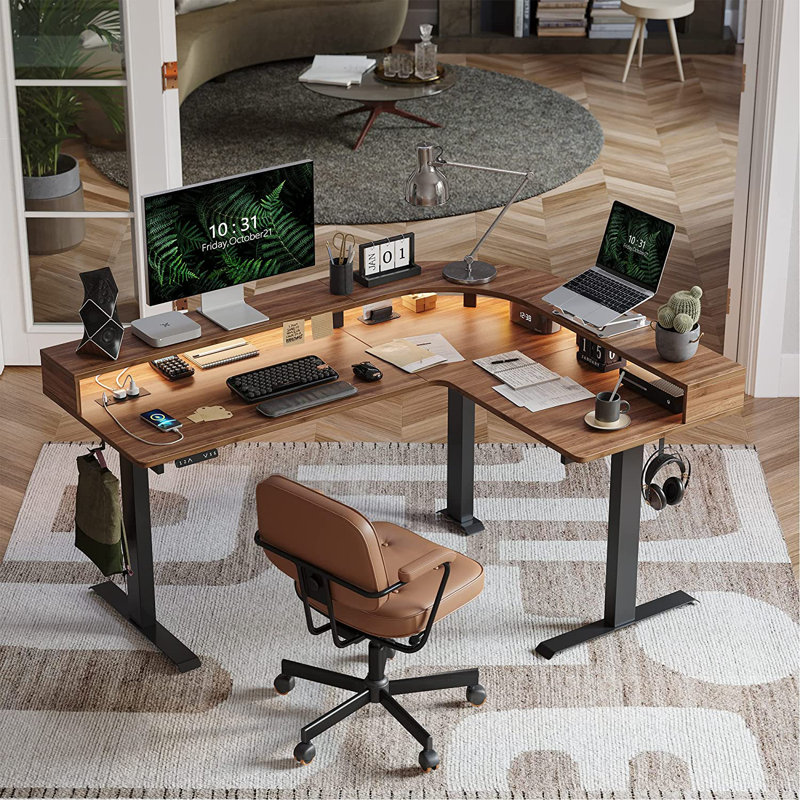 Bureau triple en L avec barre DEL, Noyer noir / noir