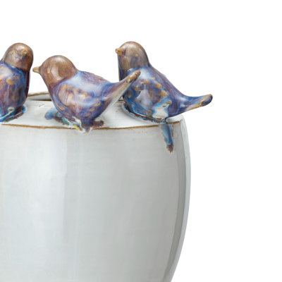 Decorative Stoneware Planter with Birds on Rim and Reactive Glaze