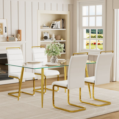 Ensemble de table de salle à manger rectangulaire en verre transparent avec chaises en polyuréthane 4/6, pieds en métal pour la salle à manger et la cuisine