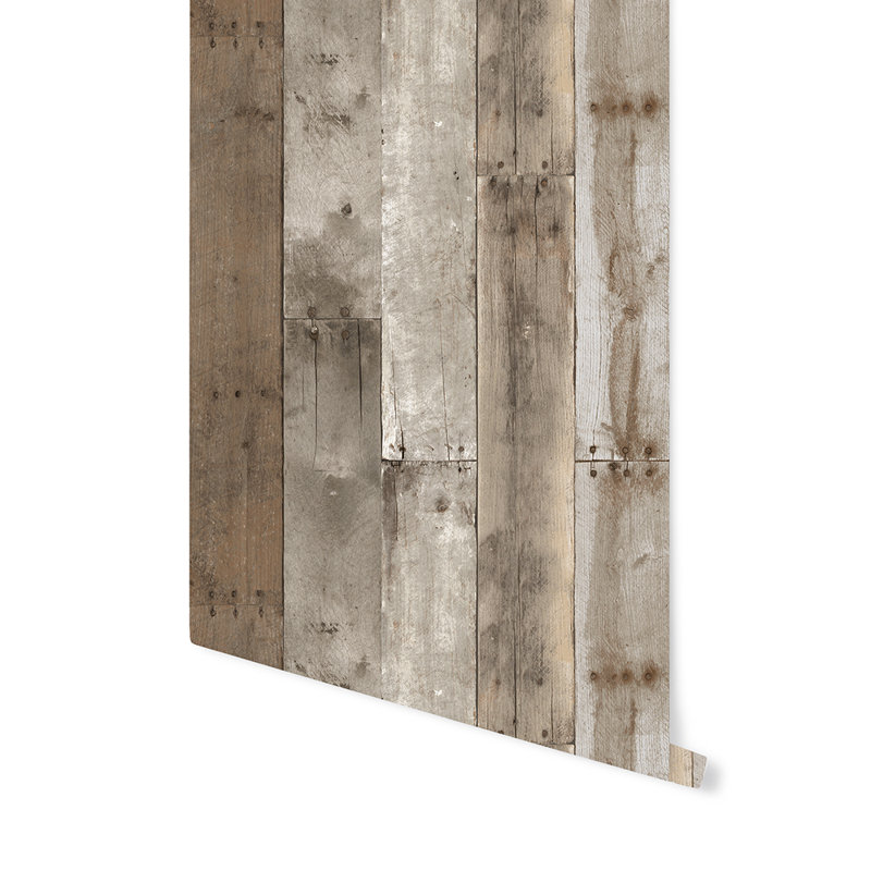 Papier peint autoadhésif en bois recyclé, Brun/beige