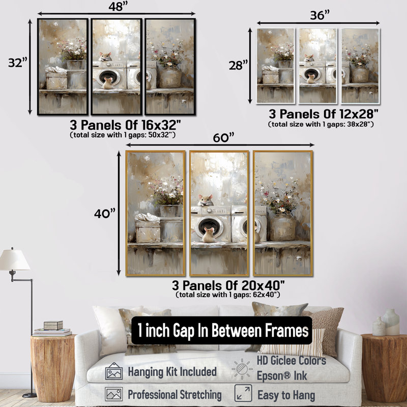 Cute Mice Laundry Day - Ensemble de décoration murale, H 40 po x l 60 po x P 1 po, Toile naturelle avec cadre flottant