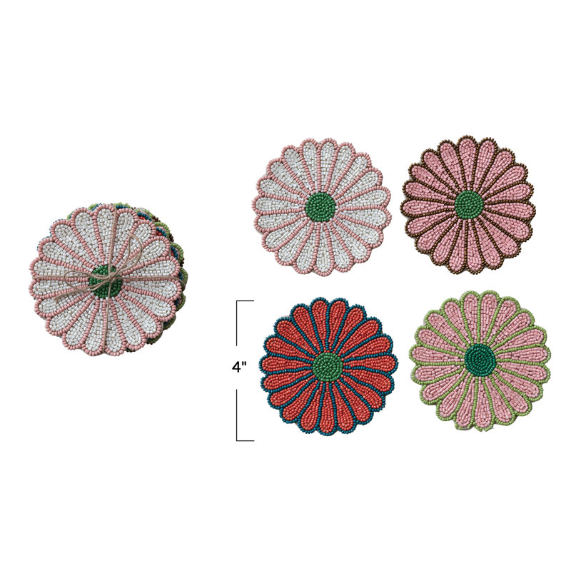 Ensemble de sous-verres en forme de fleur en verre perlé 4 pièces avec attaches en jute