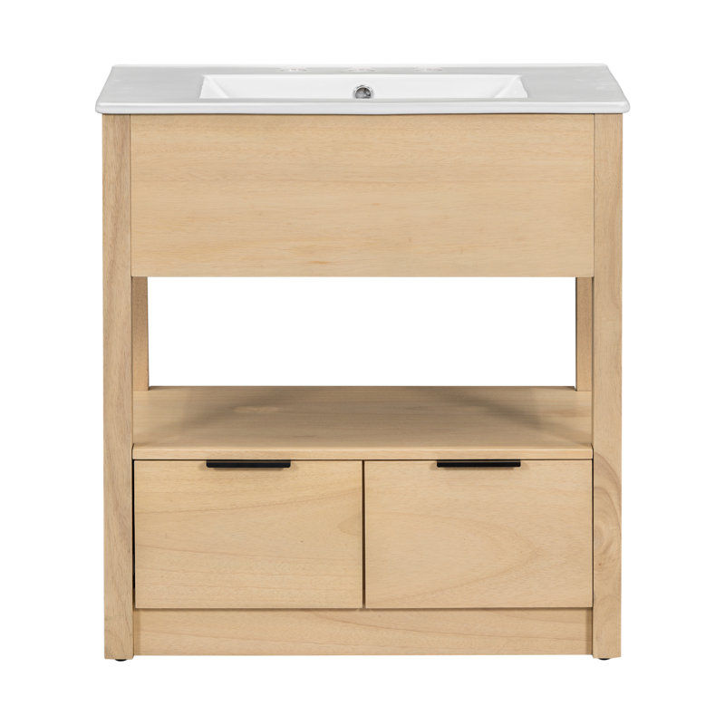 Bathroom Vanity with Sink Top, Open Storage Shelf, and Two Drawers, Beige, Black