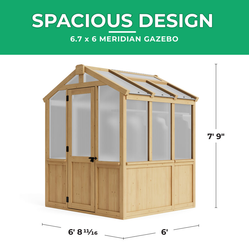 Serre avec cadre en bois de cèdre et panneaux en polycarbonate de 6,7 pi x 6,0 pi Meridian - Conception compacte et durable