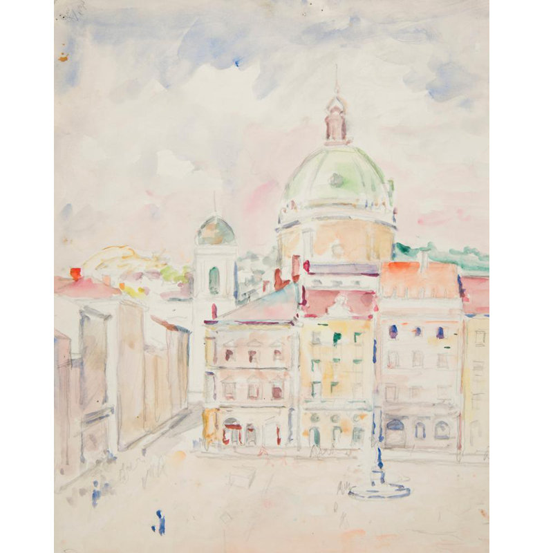 "Vue d'un morceau de la place du marché et de l'église des Dominicains" par Ivan Ivanec - Toile tendue avec châssis