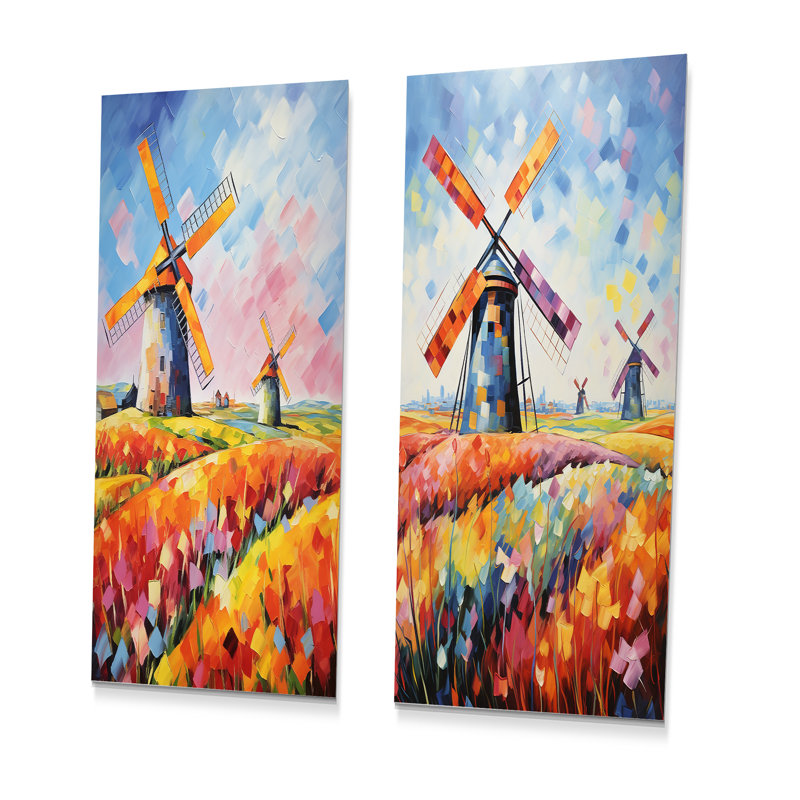 Colourful Flower Meadow Windmills I - Ensemble d'éoliennes murales en métal, H 32 po x l 32 po
