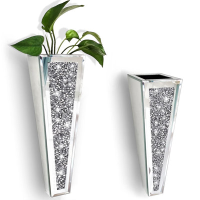 Flower Vase Crushed Diamond Mirrored Hanging Planter& Geometric Decor Mirrored Container,Silver Decorative Mirror Vase.Can’T Hold Water.(Set Of 2)