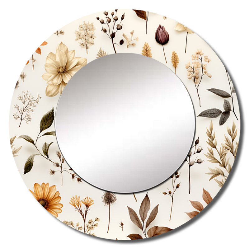 Rosaley Rustic Foliage - Plants Decorative Wall Mirror, White Round Mirror, Printed Metal Art, 23" x 23"