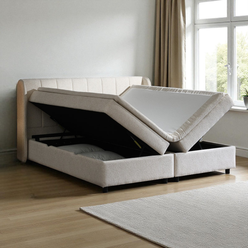 Grand lit moderne tapissier avec tiroirs de rangement doubles en chenille beige (matelas inclus)