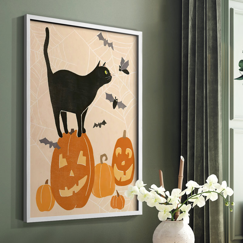 «Pumpkin Patch Cats I», reproduction encadrée - bois massif, Cadre simple blanc, H 20 po x l 16 po