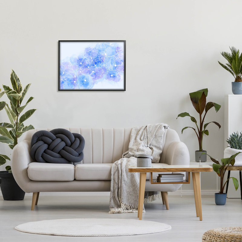 Fleurs pastel bleues, estampe numérique par Lil 'Rue, H 24 po x l 30 po x P 1,5 po, Giclée encadrée noir minuit
