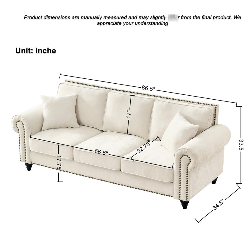 Canapé en chenille 3 places beige 86 po avec accoudoirs roulés, pieds en bois et garniture cloutée, rembourré de mousse, structure en pin, moderne incurvé, 86 po, beige, canapé, pieds, revêtement, mousse haute densité, structure solide