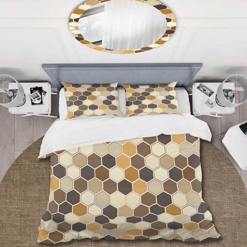 Ensemble de housse de couette Brown Hexagon Tiles I - Midcentury, Housse de couette très grand + 2 taies décorativ