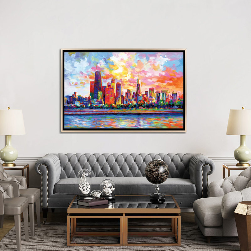 Horizon deChicago, Cadre champagne sur toile flottante, H 40 po x l 60 po x P 1,5 po