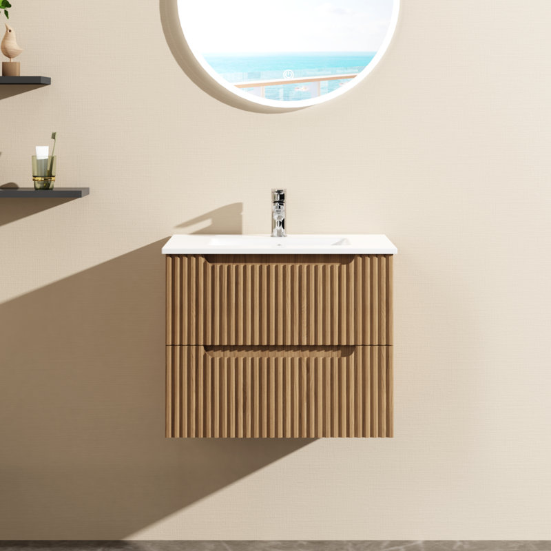 Meuble-lavabo mural 24 po avec lavabo à cuve blanche - Design flottant, finition noyer, peu encombrant pour une salle de bain moderne - Mobilier de salle de bain