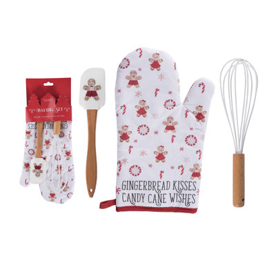 Ensemble d'ustensiles de cuisine en pain d'épice festif en tissu - Comprend un gant de cuisine, une spatule et un fouet - Décoration de Noël en coton rouge - Parfait pour une utilisation à l'intérieur, des cadeaux et des cadeaux d'hôtesse!