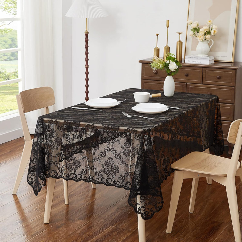 Daniyah Rectangle Floral Wedding Lace Tablecloth, Black, 60" Square