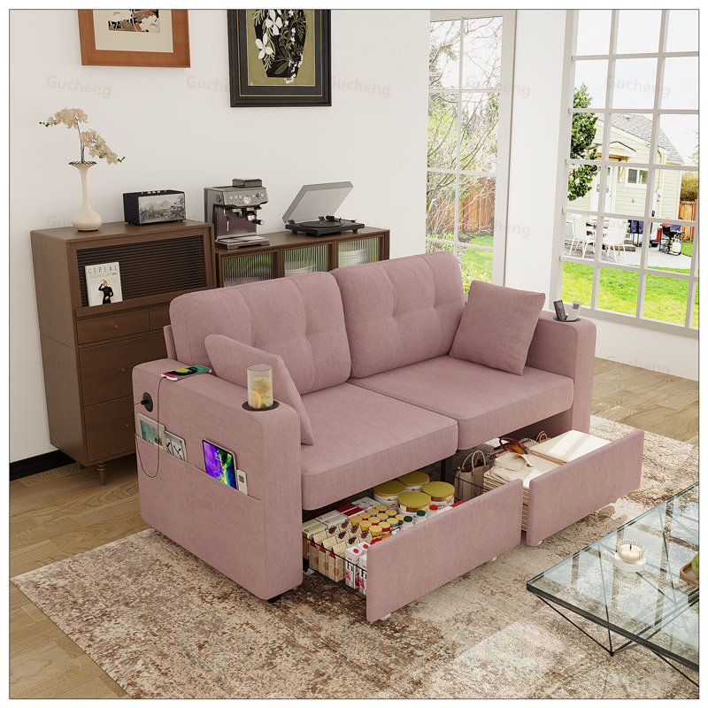 Canapé moderne en tissu chenille 3 places avec chargement USB, rangement et porte-gobelet pour espaces de vie compacts, Pink
