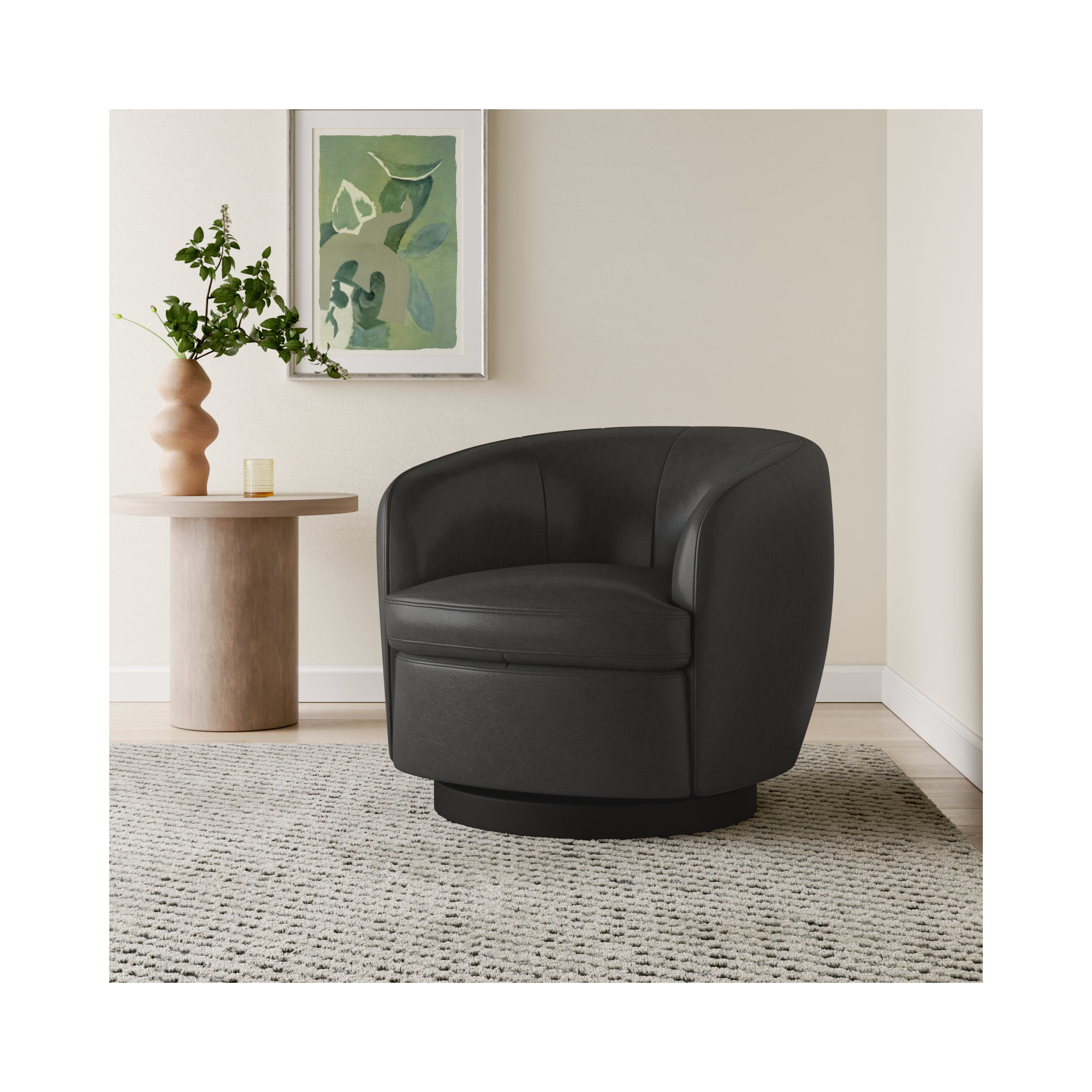Marcy Genuine Leather Swivel Barrel Chair, Marseille Black Top Grain Leather