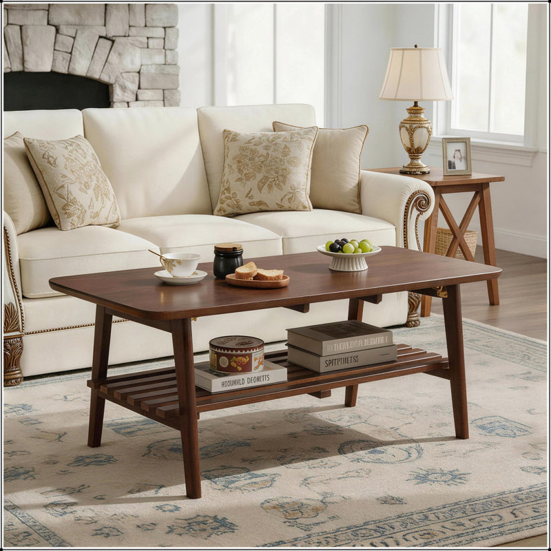 Table basse rectangulaire en bois de style Mid-Century avec tablette de rangement, idéale pour un intérieur moderne et organisé, couleur noyer brun