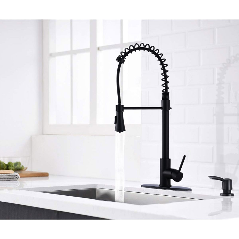 Robinet de cuisine à ressort à poignée simple avec accessoires, Avec distributeur de savon, Noir