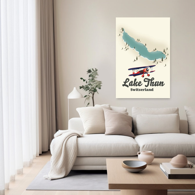 Biplan planant au-dessus du lac Thoune - Affiche murale abstraite rétro vintage représentant un paysage de montagne