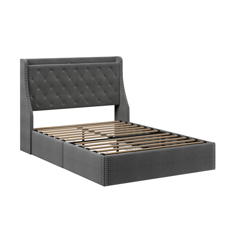 Structure de lit plateforme tapissier pleine grandeur - 4 tiroirs de rangement, tête de lit à oreilles avec charge de type C et USB, capitonnage à losanges, lattes de bois, aucun sommier requis, assemblage facile - gris, WR02F