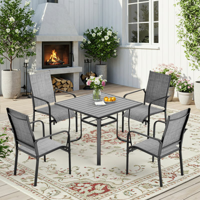 5 Piece Patio Dining Set, Outdoor Dining Table And Chairs Set For 4, 4 PVC-coated polyester Chairs, 1 Iron Square Table With Adjustable Umbrella Hole (1.57"-1.97"), Patio Furniture Set For Deck, Backyard, Lawn, Poolside,