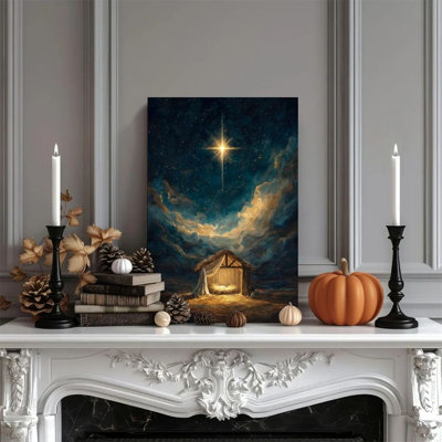 Nativity of Jesus Canvas Wall Art, 24"x36" Large Wall Art for Living Room, Manger in Bethlehem Framed Print, Religious Bathroom Wall Art Decor
