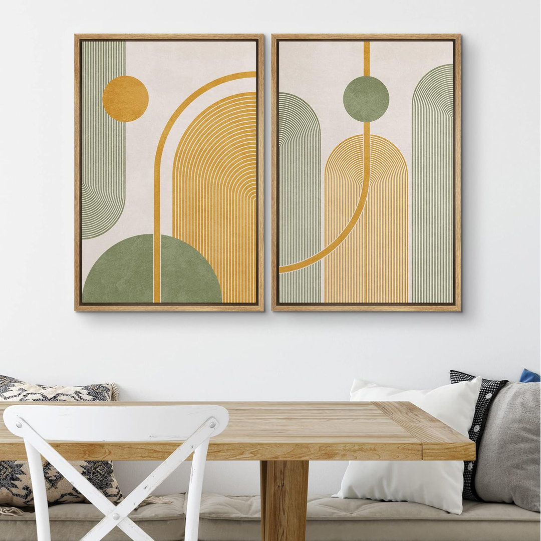 Mid Century Modern Boho Vintage Yellow Green Polygons Abstract Shapes Digital Art  Art  Calm/Zen On Canvas 2 Pieces Print IDEA4WALL 