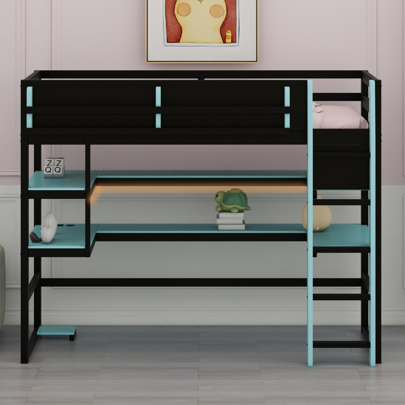 Space-Saving High Sleeper Featuring Built-in Desk, Lateral Storage Unit, Multi-Tier Shelves, and Smart Color-Changing LED System